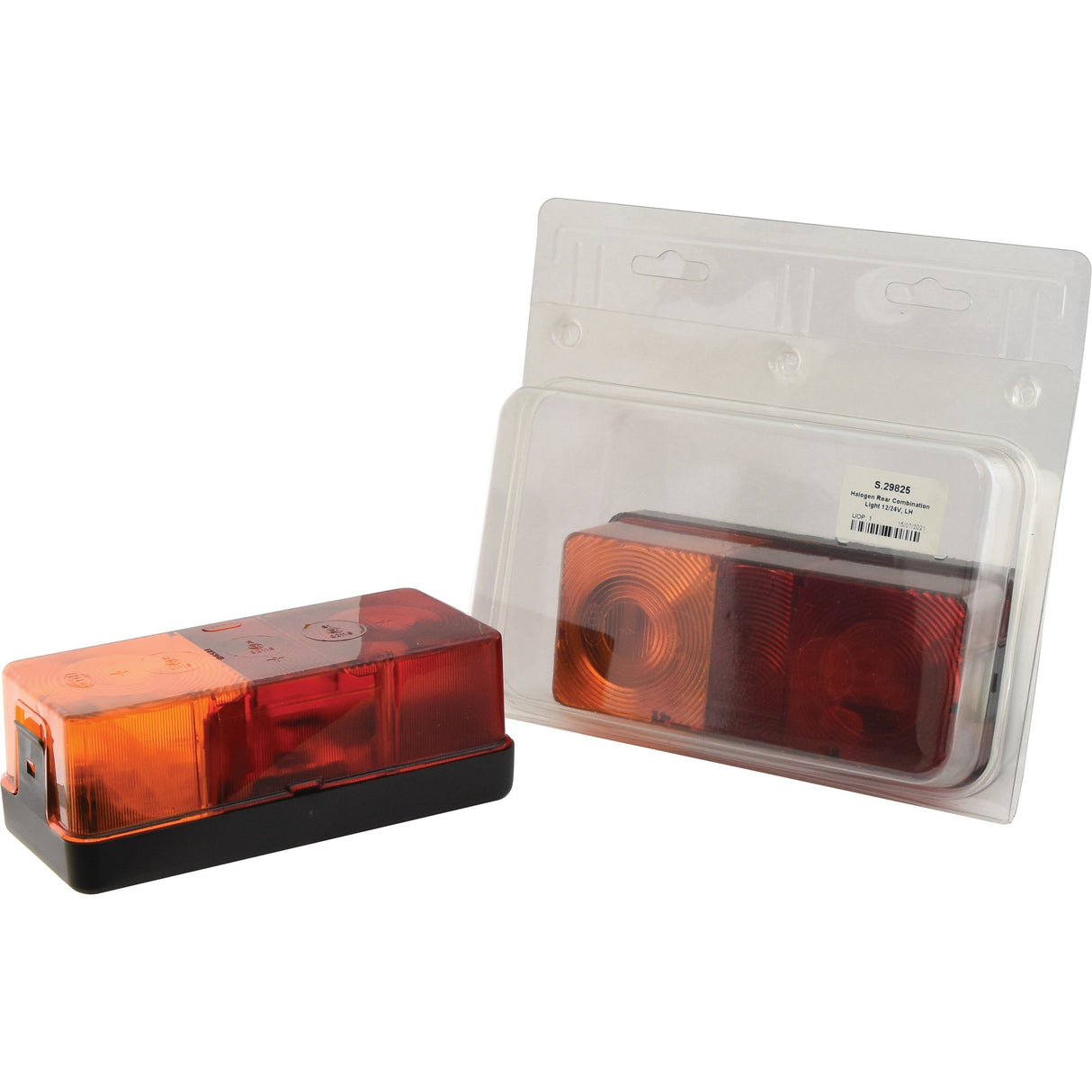 A rectangular red and amber Rear Combination Light from Sparex is shown outside its clear plastic packaging, with another identical halogen brake/tail/indicator light (LH, 12/24V - S.29825) still packaged in the background.