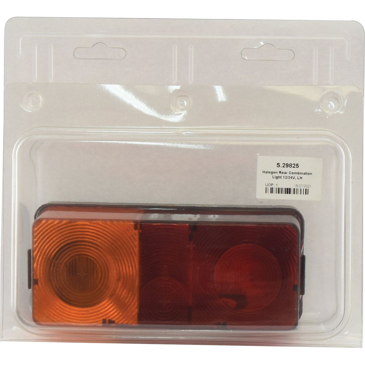 A packaged Sparex Rear Combination Light (Halogen) with red and amber sections, showcasing the brake light, viewed from the front.