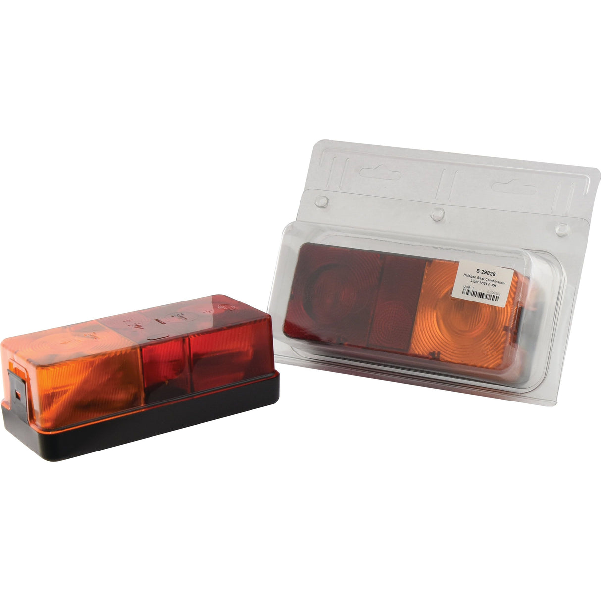 Pair of rectangular trailer lights, with one removed from its packaging and the other still in the original packaging. The Sparex Rear Combination Light (Halogen), featuring 3 functions for Brake, Tail, and Indicator lights, displays red and amber sections.