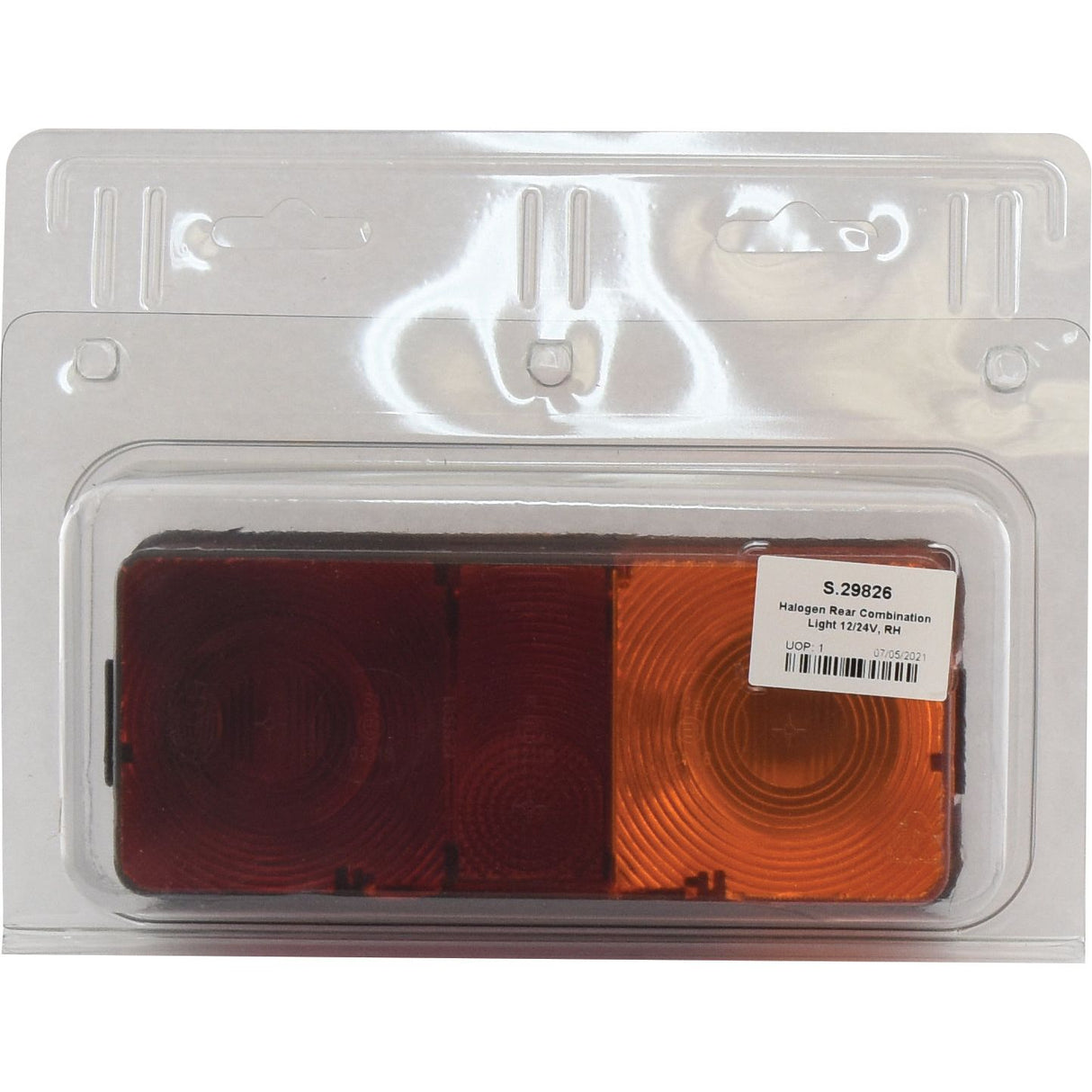 Packaging of a Sparex Rear Combination Light (Halogen), Function: 3 (Brake/Tail/Indicator), RH, 12V - S.29826, featuring a red and amber lens in a rectangular shape, complete with product label and barcode.