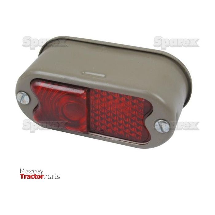 The Rear Combination Light (Halogen) - S.66746, a grey rectangular brake light with sections for clear and red lenses, is mounted on a grey casing featuring two visible screws. The branding includes "Sparex" and "Massey Tractor Parts".