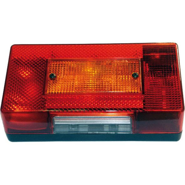 The Sparex Halogen Rear Light 12/24V, RH & LH - S.26160 features a rectangular design with durable polycarbonate red outer lenses, an amber central section, and a clear lower lens mounted on a black base.
