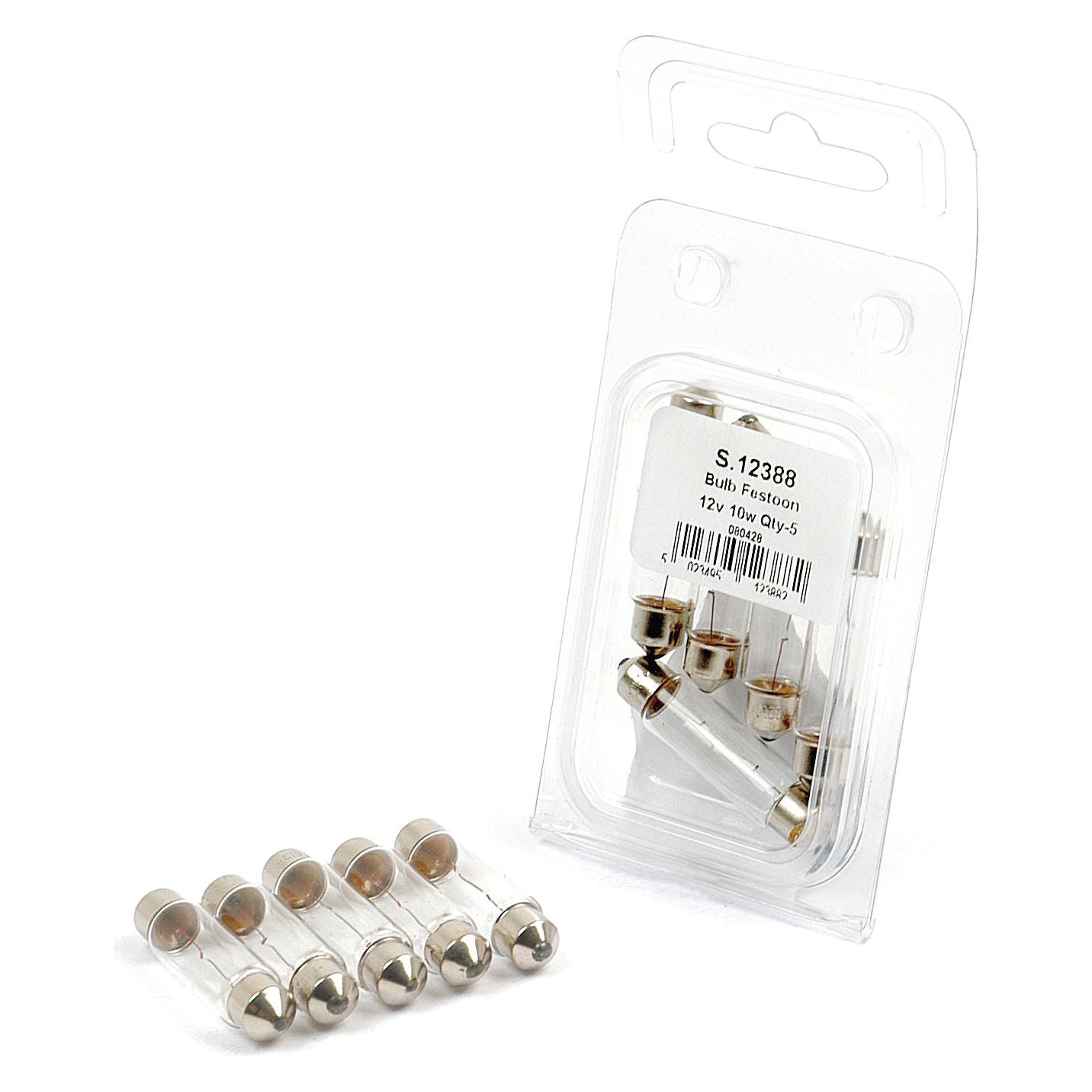 A pack of five 12V, 10W SV8.5 automotive filament light bulbs from Sparex (Part No. S.12388), with four loose bulbs displayed in front of the clear plastic packaging labeled with specifications.