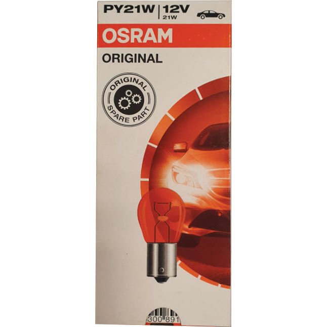 Packaging for a Sparex Light Bulb (Halogen) PY21W 12V, 21W, BAU15s (Box 1 pc.), featuring an image of a car with headlights on and a close-up of the bulb.