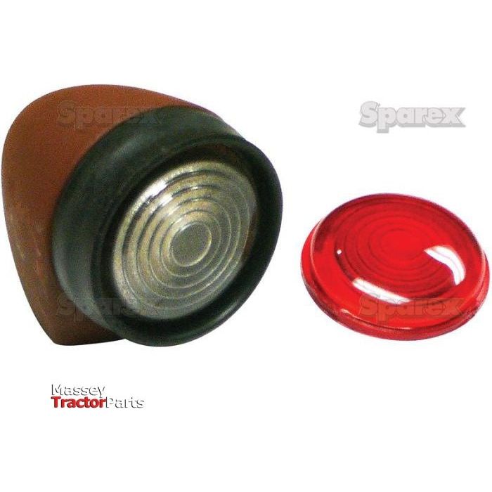 A red round tail light assembly with the lens cover off, labeled "Massey Tractor Parts" and "Sparex," displayed on a white background. This durable front-facing marker light, featuring enhanced brightness due to its halogen bulb, is identified as Marker Light - Front Facing (Halogen), LH, 12V - S.43143 from Sparex.