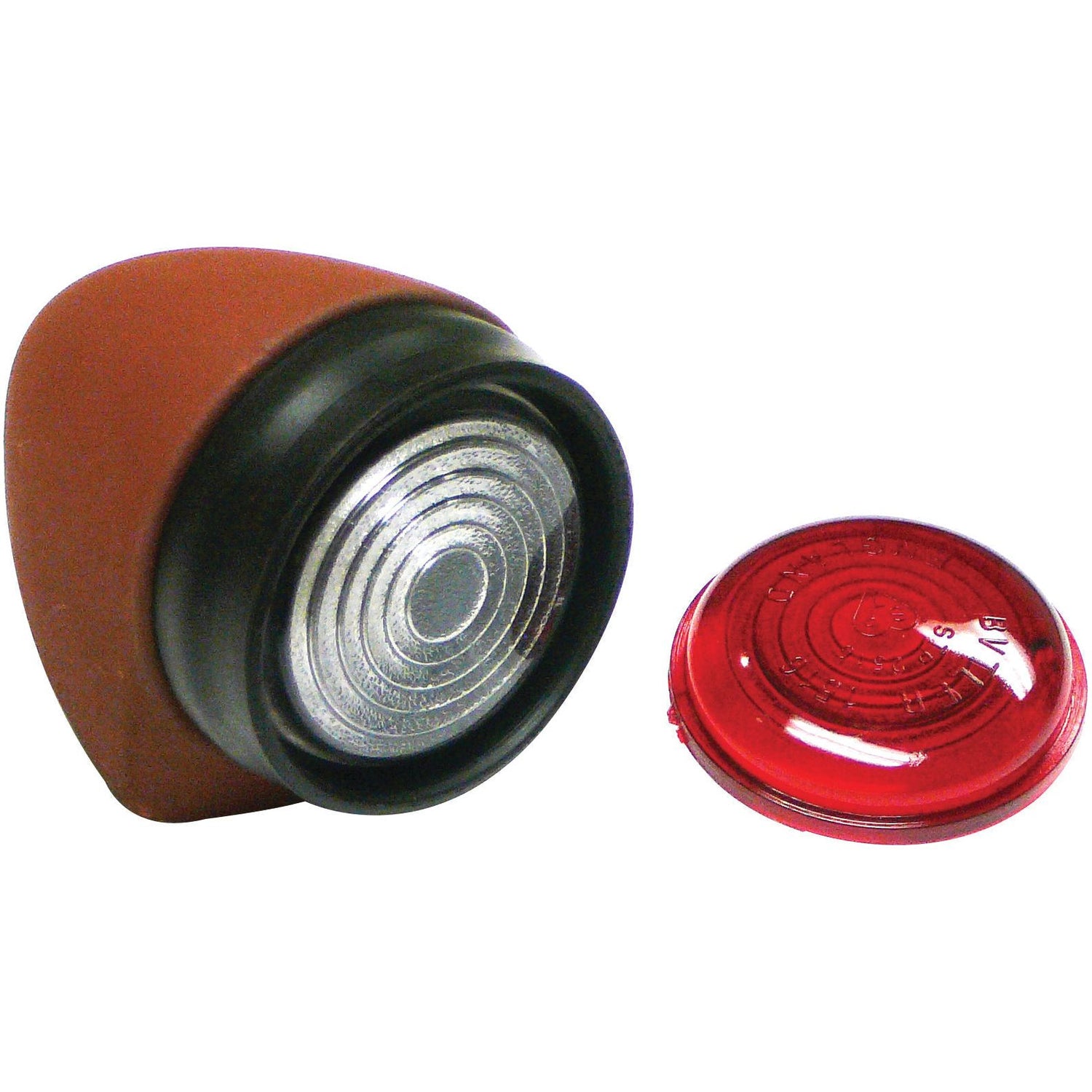 A Sparex Side Light - Front/Rear (Halogen), RH, 12V - S.43144 in red and black, featuring a halogen bulb and accompanied by a detached red lens cover placed beside it.