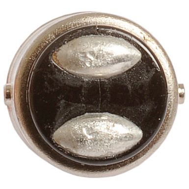 Close-up view of a black button featuring two silver-colored metallic pads, resembling the base of a Sparex Light Bulb (Halogen) P21/5W, 12V, 5W, BAY15d (Sparex Part No. S.53251).
