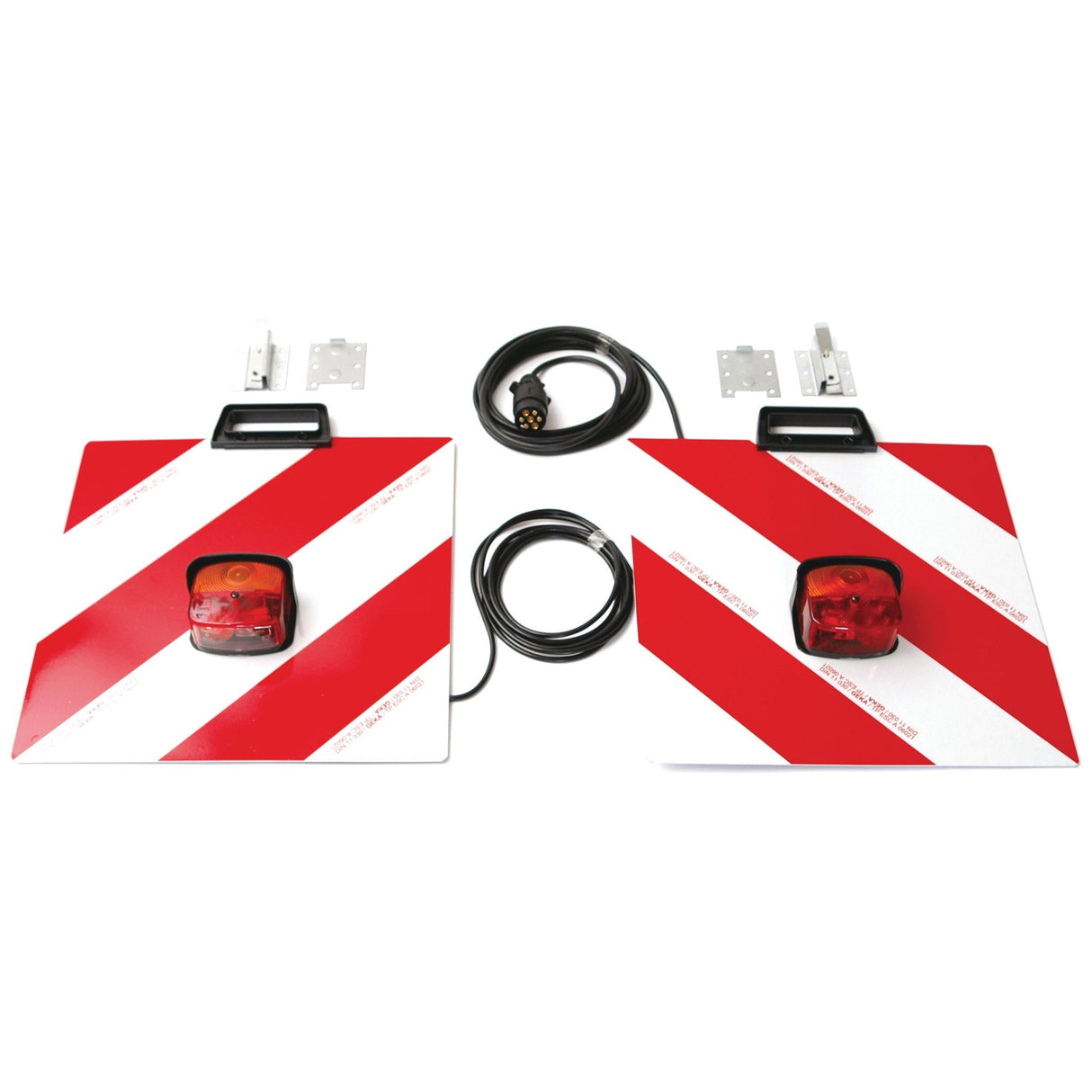 The Sparex Halogen Warning Panel with Light 12V, RH & LH - S.35807 includes two red and white diagonal-striped panels, each equipped with attached red lights and black cables. E-Approved for vehicle use or traffic signaling, these panels are fitted with 12V Halogen bulbs, making them ideal for brake, tail, and indicator purposes.