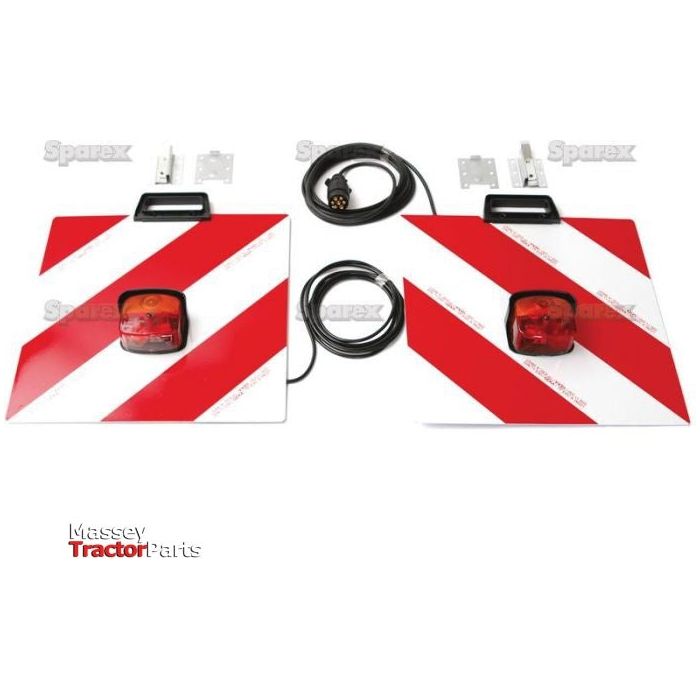 Two "Halogen Warning Panel with Light 12V, RH & LH - S.35807" by Sparex, featuring red and white diagonal-striped hazard warning signs with attached lights and cables, set against a plain white background. The text "Massey Tractor Parts" is visible in the bottom left corner. The 12V halogen bulbs are E-approved for brake/tail/indicator functionality.