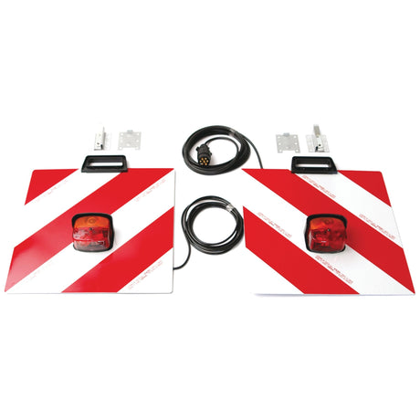 The Sparex Halogen Warning Panel with Light 12V, RH & LH - S.35807 features two red and white striped reflective panels that come with attached red lights, black electrical cables, and E-Approved 12V Halogen bulbs.