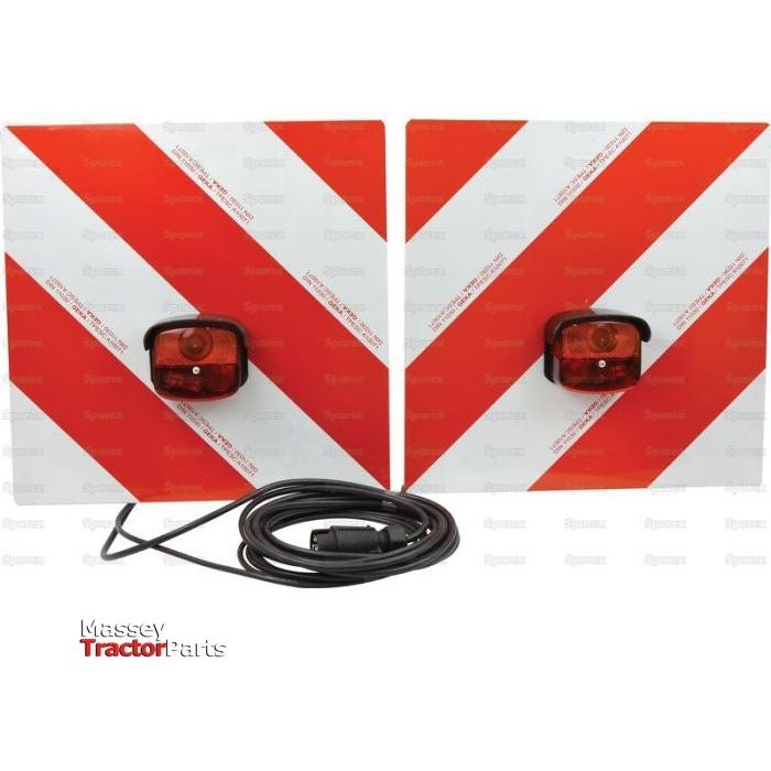 The Halogen Warning Panel with Light (12V, RH & LH - S.35808) from Sparex is a set of two red and white reflective safety panels featuring attached red lights and a black electrical cord. Labeled "Massey Tractor Parts," these panels come equipped with E-approved halogen indicators to ensure enhanced visibility.