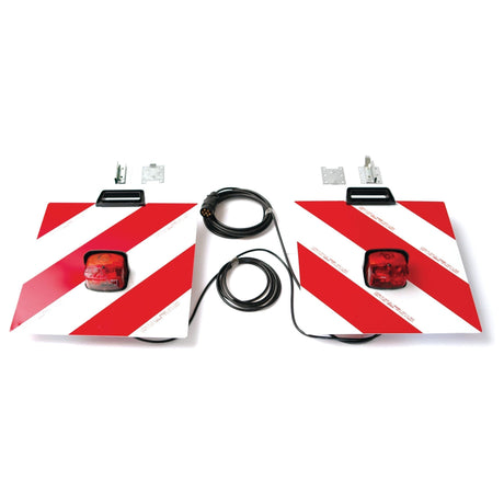 Two Sparex Halogen Warning Panels with red and white diagonal stripes, each featuring a red brake light and connected by a black cable, branded as "Halogen Warning Panel with Light 12V, RH & LH - S.35808.