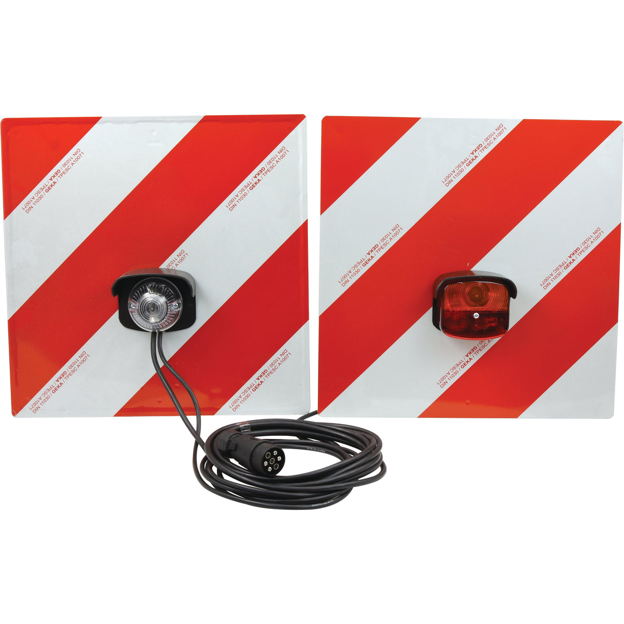 Two Halogen Warning Panels with Lights 12V (S.35808) by Sparex, featuring red and white stripes and E-approved mounted lights. One panel also includes a black cable with a connector.