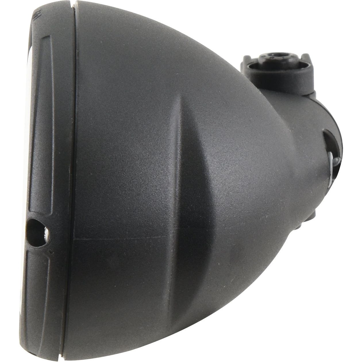 Side view of the Sparex Halogen Work Light Oval LH - 12V (55W) - S.147635, a black dome-shaped industrial light fixture with a mounting bracket on the rear, featuring an IP66 rating for durability.