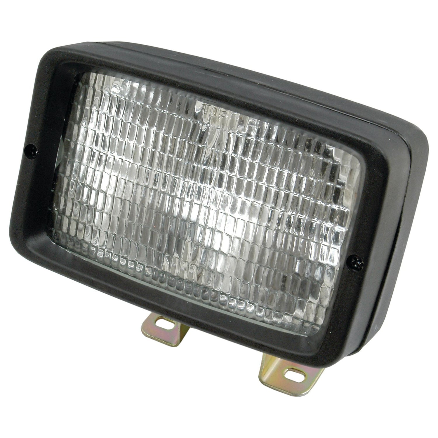 The Sparex Halogen Work Light Rectangular RH & LH - 12V (55W) - S.51753, with a black casing and a reflective lens, includes two mounting brackets at the base.
