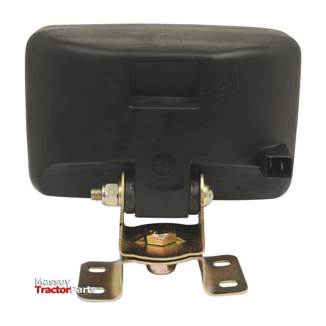 A back view of a black tractor part with mounting hardware, attached to a metal bracket at the base. A rectangular Halogen Work Light (model S.51753) from Sparex is positioned above, illuminating the setup. The label "Massey Tractor Parts" is visible in the lower left corner.
