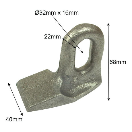 Image of a Sparex Hammer Flail with dimensions labeled: hole diameter 32mm x 16mm, top width 22mm, bottom width 40mm, and radius 86mm. The part features a rounded loop on one end and a flat, tapered base on the other—ideal as a replacement for Bomford machinery or compatible with McConnel and Spearhead attachments. Model number S.77574.
