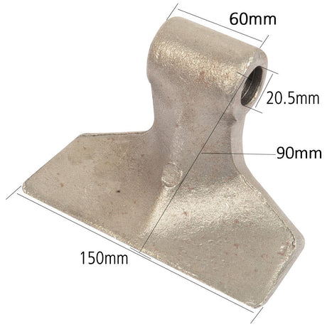 A metallic component named "Hammer Flail" from the brand Sparex, with dimensions: bottom width of 150mm, radius of 90mm, top width of 60mm, and a hole diameter of Ø20.5mm, suitable as a replacement for Maschio equipment (Product Code: S.119833).