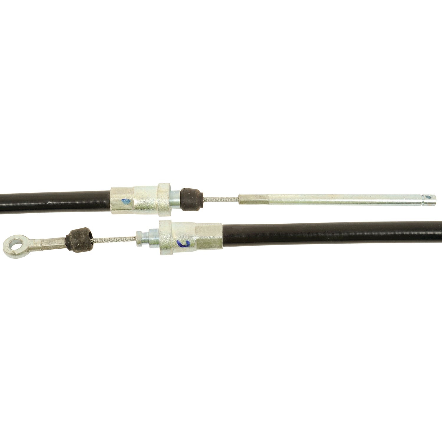 An image of two black mechanical cables with metal fittings, one featuring a ring terminal and the other a flat metal tip. This hand throttle cable, known as the Sparex Hand Throttle Cable (Sparex Part No. S.43851), has an outer cable length of 942mm and a total length of 1169mm.