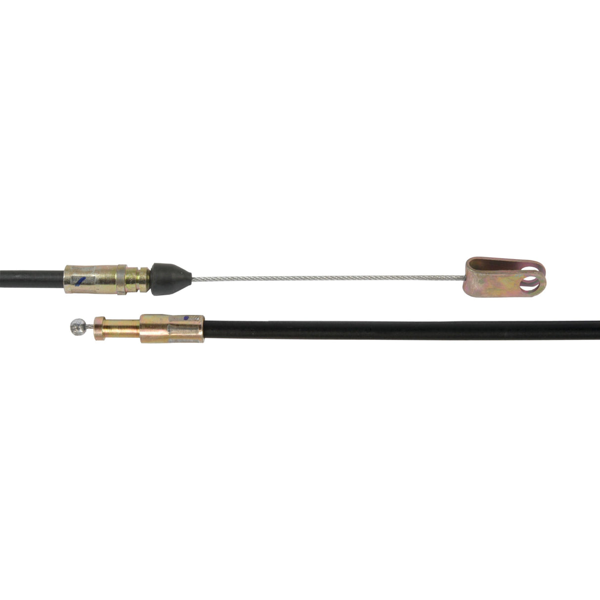 A close-up of the Sparex Hand Throttle Cable (Sparex Part No. S.41843) with metal connectors at each end. One end has a cylindrical connector, while the other end features a looped metal fitting, suitable for Massey Ferguson tractors with Perkins 1006-6 engines. The cable measures 1350mm in length with an outer cable length of 1230mm.
