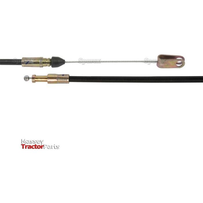 The image displays a black hand throttle cable featuring metal connectors and a looped end. The product, identified as the "Hand Throttle Cable - Length: 1350mm, Outer cable length: 1230mm" with Sparex Part No. S.41843, is shown alongside the Massey Tractor Parts logo in the bottom-left corner, indicating its compatibility with Perkins 1006-6 engines on Massey Ferguson tractors.