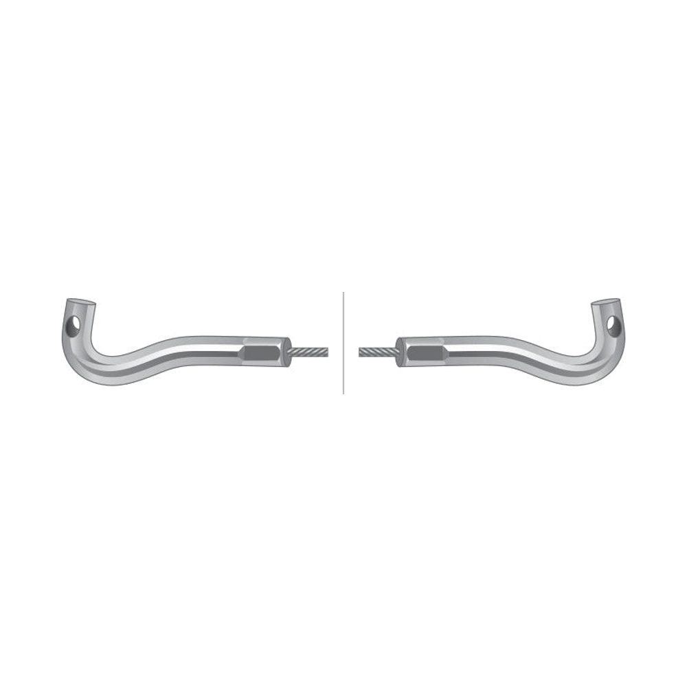Two metallic S-hooks with attached short steel cables, resembling components of a Sparex Hand Throttle Cable (Length: 1440mm, Outer cable length: 1177mm | Sparex Part No. S.57380), pointing towards each other on a plain white background.