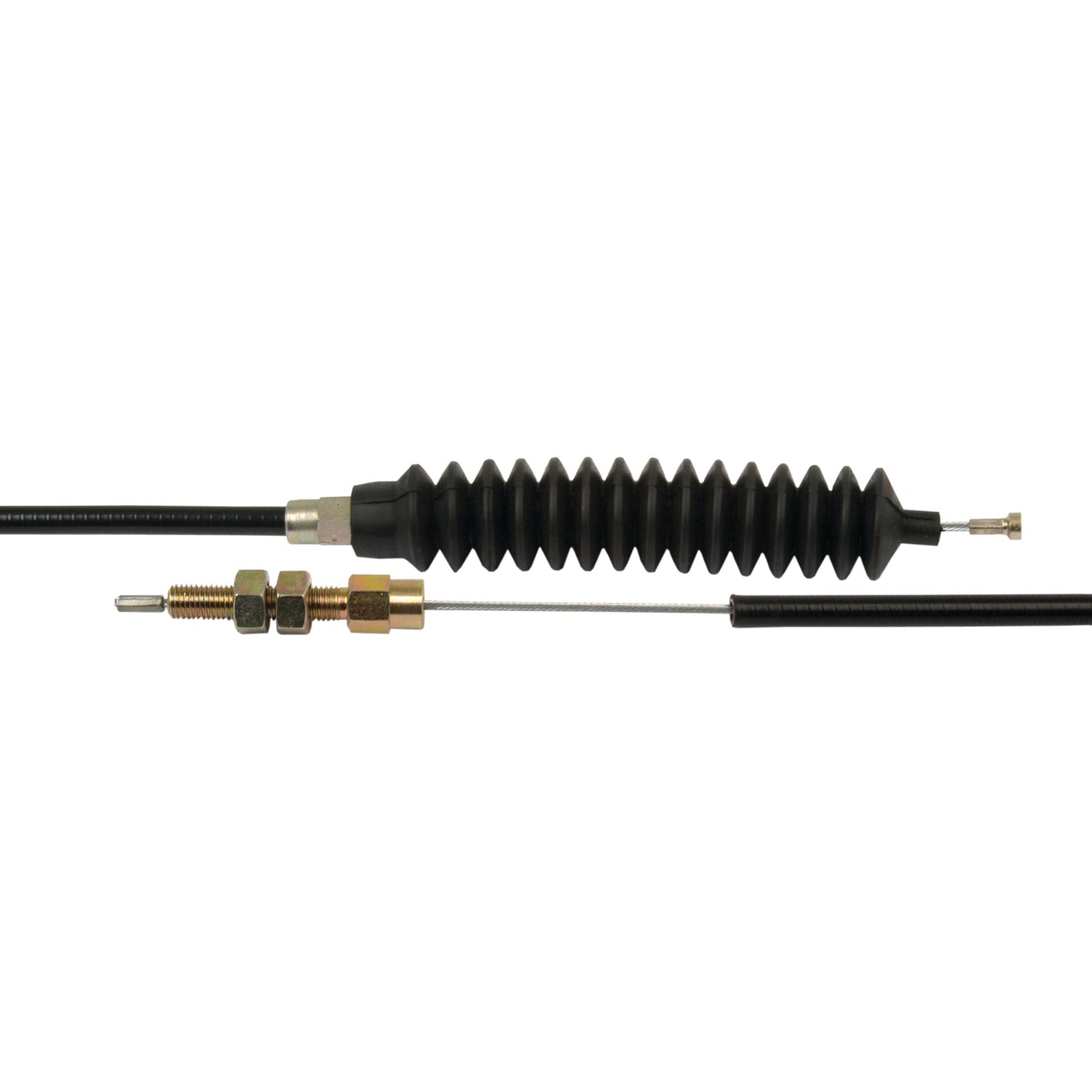 The Hand Throttle Cable from Sparex, featuring a black accordion-style boot, a threaded metal fitting, and an inner metal cable partially enclosed in a black sheath. With a total length of 2600mm and an outer cable length of 2400mm, this assembly is compatible with Massey Ferguson models and Sparex parts for seamless integration. Product Part No.: S.42257.