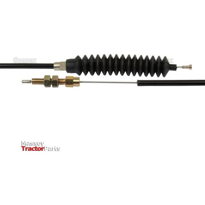 Close-up of a mechanical cable with components for assembly, including a threaded connector and a flexible, corrugated protective sleeve. The text "Massey Tractor Parts" is visible in the bottom-left corner, indicating it's a Hand Throttle Cable (Sparex Part No.S.42257) by Sparex, compatible with Massey Ferguson machines. The cable features an overall length of 2600mm and an outer cable length of 2400mm.