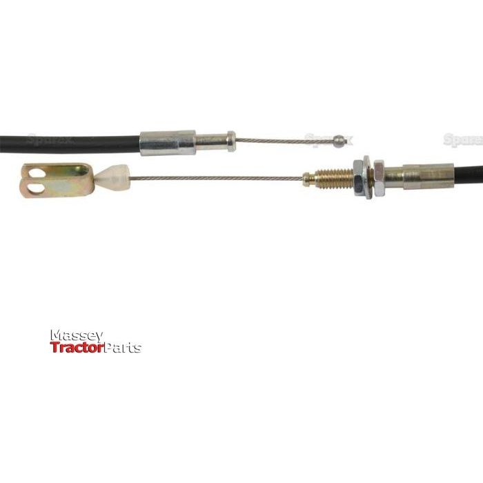 A close-up of the Sparex Hand Throttle Cable (Part No. S.43196) for a tractor, showcasing various metal components and connectors. The logo "Massey TractorParts" is visible on the lower left corner of the image, indicating it's 845mm in length with a 735mm outer cable suitable for Massey Ferguson models and available from Sparex.