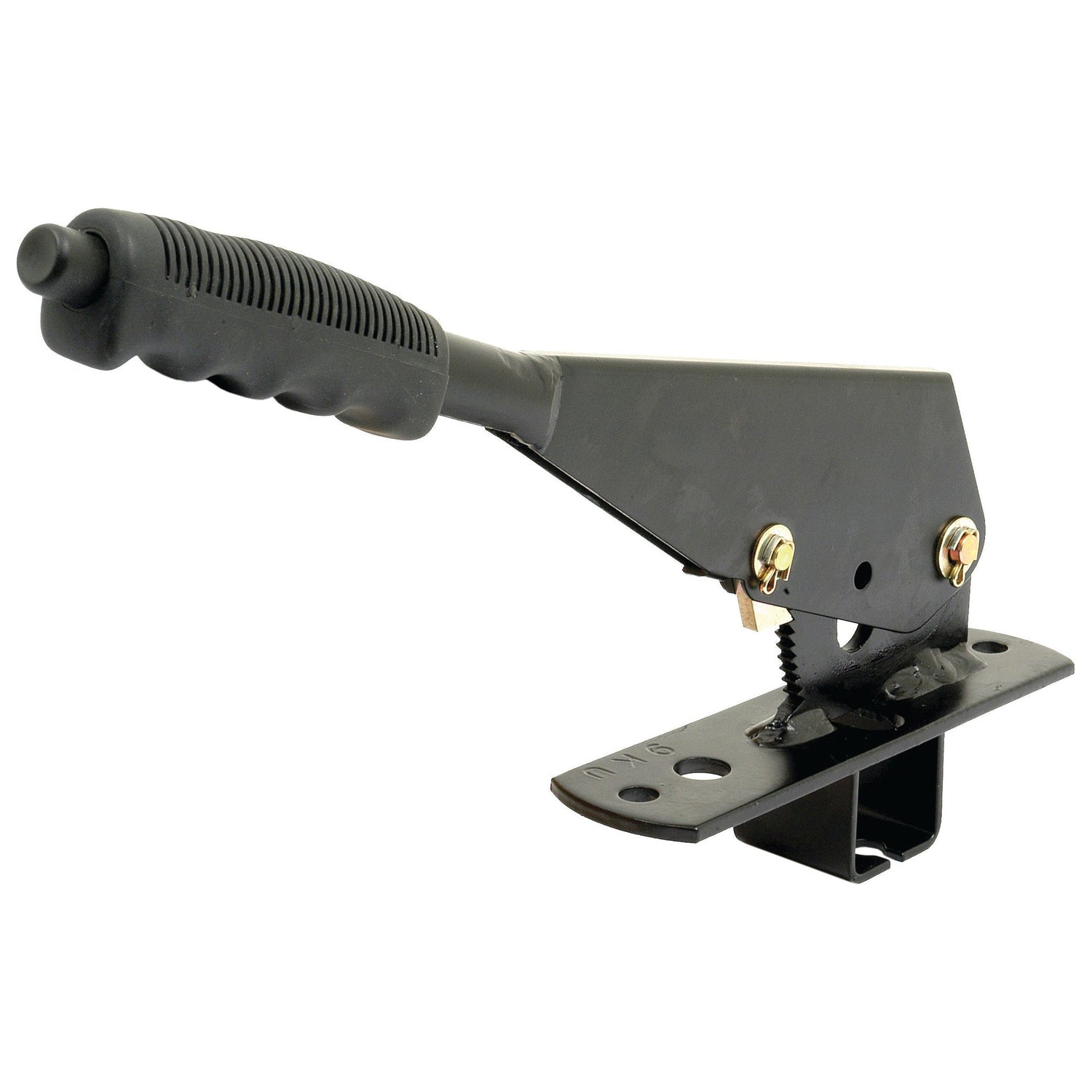 A Sparex Handbrake Assembly (Sparex Part No.S.43121) features a black industrial lever with a textured handle, reminiscent of the sturdy design found in a Landini 6030, assembled on a metal base with bolts and holes for mounting.