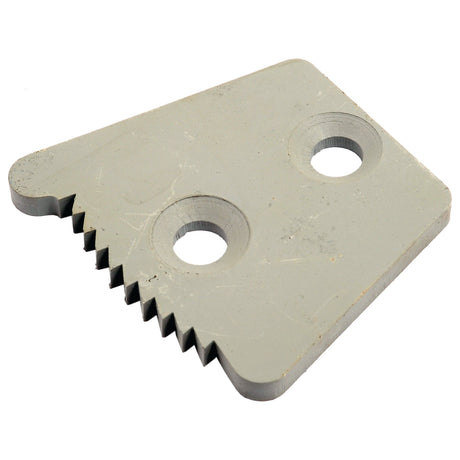 A Handbrake Ratchet from Sparex (Sparex Part No. S.68356) is a metal piece with a triangular shape, two circular holes, and a serrated edge on one side, resembling its namesake function.