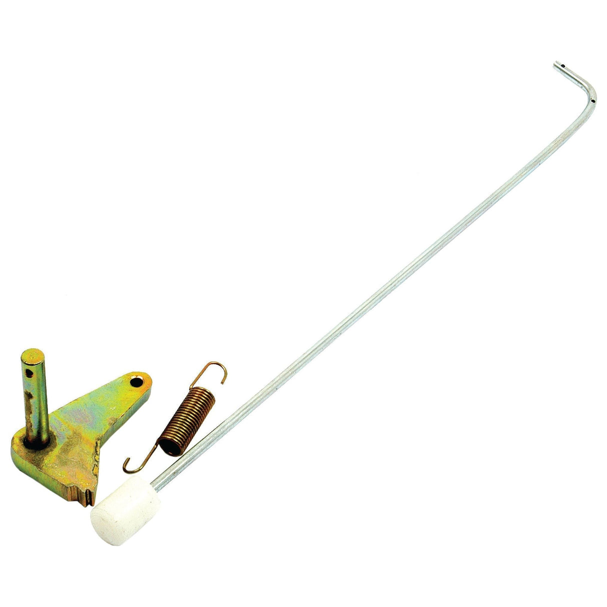 A metal lever with a white plastic tip, an L-shaped bracket with a pin, and a small coil spring from the Sparex Handbrake Repair Kit (Sparex Part No.S.66303) for Ford / New Holland models are arranged on a white background.