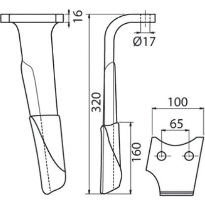 Technical drawing of a Hardfaced Power Harrow Blade 100x16x320mm LH by Sparex. It measures 320mm in height, has a 17.5mm diameter top hole, and is set in a base with dimensions of 100mm by 65mm. The Tungsten Carbide coating ensures reduced machine downtime. This product can be used as a replacement for Perugini (Concept-Ransome) and Rabewerk models. Hole centers are spaced at 66mm apart (S.74793).
