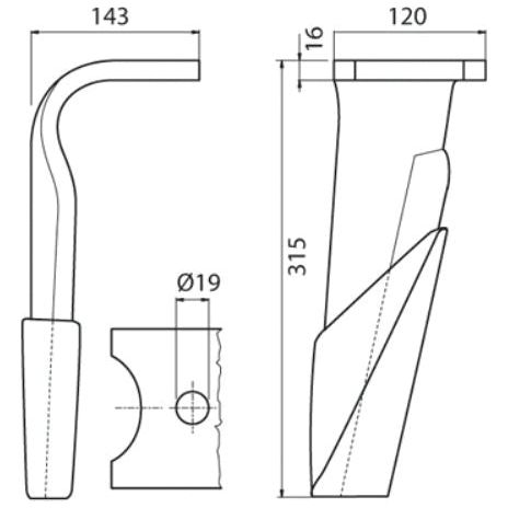 Hardfaced Power Harrow Blade 120x16x315mm RH. Hole centres: mm. Hole⌀ 19mm. Replacement for Kuhn.
 - S.79234 - Massey Tractor Parts