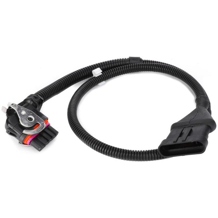 The AGCO Massey Ferguson - Harness - 4272811M4 is a black automotive wiring harness designed for Massey Ferguson tractors, featuring connectors at both ends and a flexible corrugated tube for protection, making it ideal for 6400 Series and 7400 Series models.