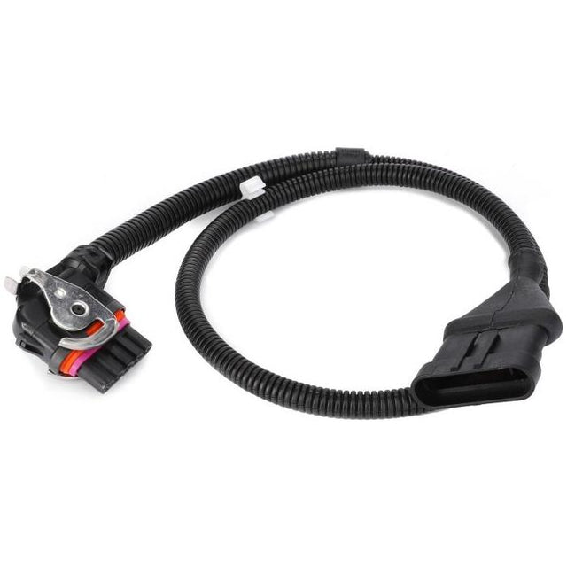 The AGCO Massey Ferguson - Harness - 4272811M4 is a black automotive wiring harness designed for Massey Ferguson tractors, featuring connectors at both ends and a flexible corrugated tube for protection, making it ideal for 6400 Series and 7400 Series models.