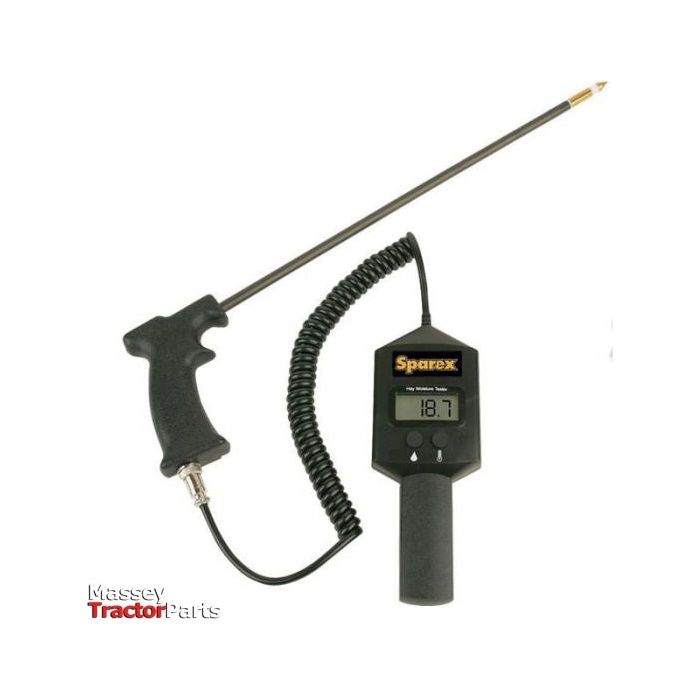 Hay Moisture Tester - Portable - S.28717 featuring a probe and an LCD screen displaying 18.7. The device is connected by a coiled cable and has a black handle, branded with "Sparex" and "Massey Tractor Parts." Ideal for farmers needing precise moisture readings in their hay.