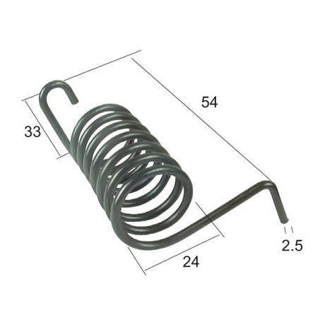 The Haytine Return Spring LH Replacement for PZ (PZ99 - S.78147) by Sparex is a metal coil spring featuring one end bent upwards at 90 degrees and the other end bent downwards. It measures 33 mm in height, 54 mm in length, 24 mm in width, with a wire thickness of 2.5 mm. This product is designed for compatibility with LH fitting applications and serves as a reliable Sparex replacement meeting Primary OE Reference standards.