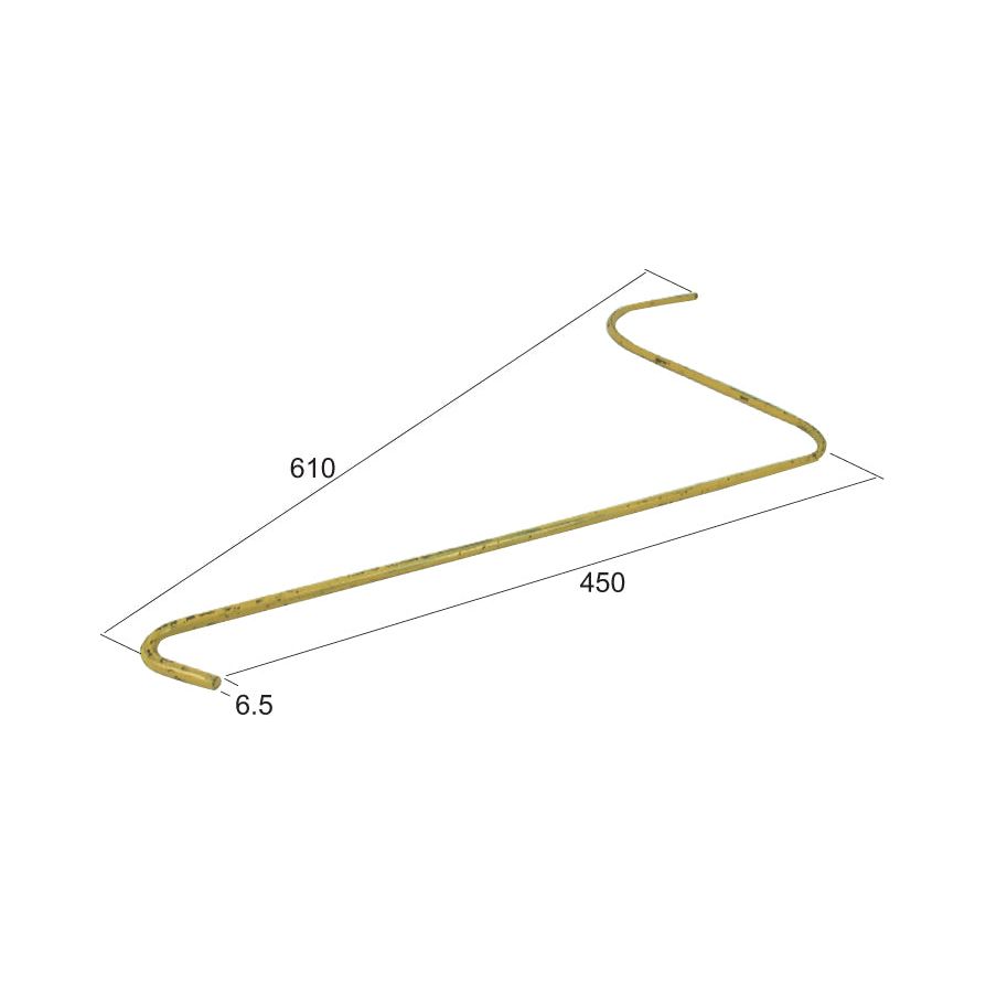 Diagram showing a bent metal rod labeled with dimensions as 610 mm in length, 450 mm in width, and a diameter of 6.5 mm, often used in constructing a 6 reel trailing rake. This product is known as the Haytine - Swather for both right-hand (RH) and left-hand (LH) applications by Sparex, specifically as a replacement for Vicon part number 90036133 - S.78180.