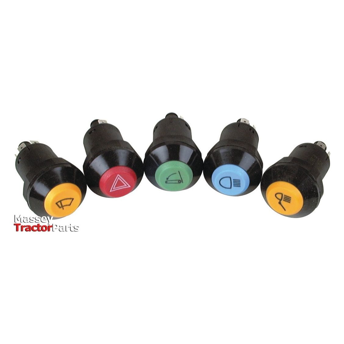 Five black dashboard indicator switches with colored symbols for vehicle functions: defrost (yellow), hazard lights (red), windshield washer (green), headlights (blue), and beacon light (yellow). The Hazard Light Switch by Sparex, part no. S.52820, features a 12V bulb to ensure visibility in emergencies.