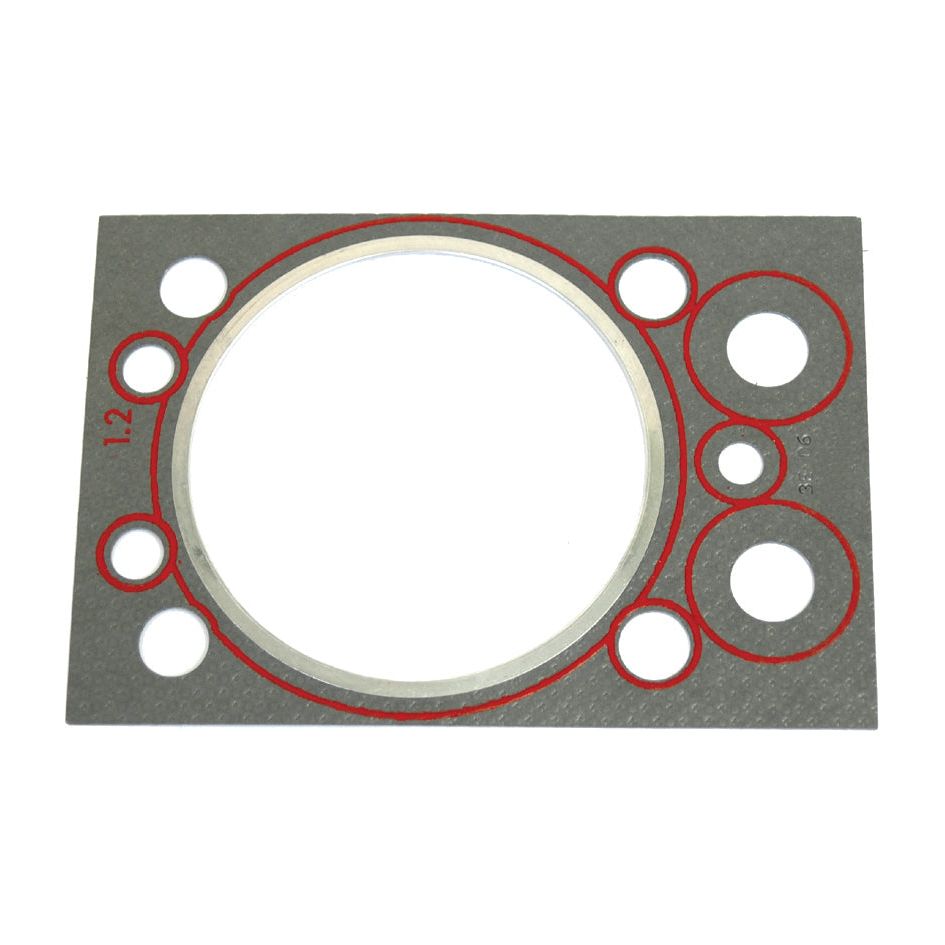 A rectangular metal head gasket with multiple circular cutouts of various sizes, primarily featuring a large central hole surrounded by smaller ones, is compatible with the John Deere 2200. This product is the Head Gasket - 1 Cyl. (UR1 Series), identified as Sparex Part No.S.71283 from the brand Sparex.