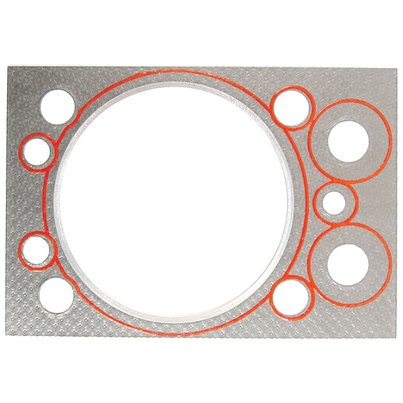 The Head Gasket - 1 Cyl. (Z4901, Z4904, Z5001, Z5201, Z5201T) by Sparex (Sparex Part No. S.71284) is a rectangular metal gasket featuring multiple circular and semicircular cutouts, bordered in red sealant, suitable for use in John Deere 2200 equipment.