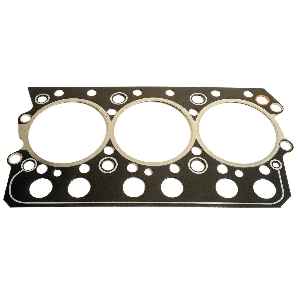 The Sparex Head Gasket - 3 Cyl. & 6 Cyl. (311D, 311DS, 311C, 311CS, 611D) | Sparex Part No.S.110946 is a metal gasket suitable for Valmet and Valtra engines, featuring three large circular openings and multiple smaller holes for bolts and fluid channels.