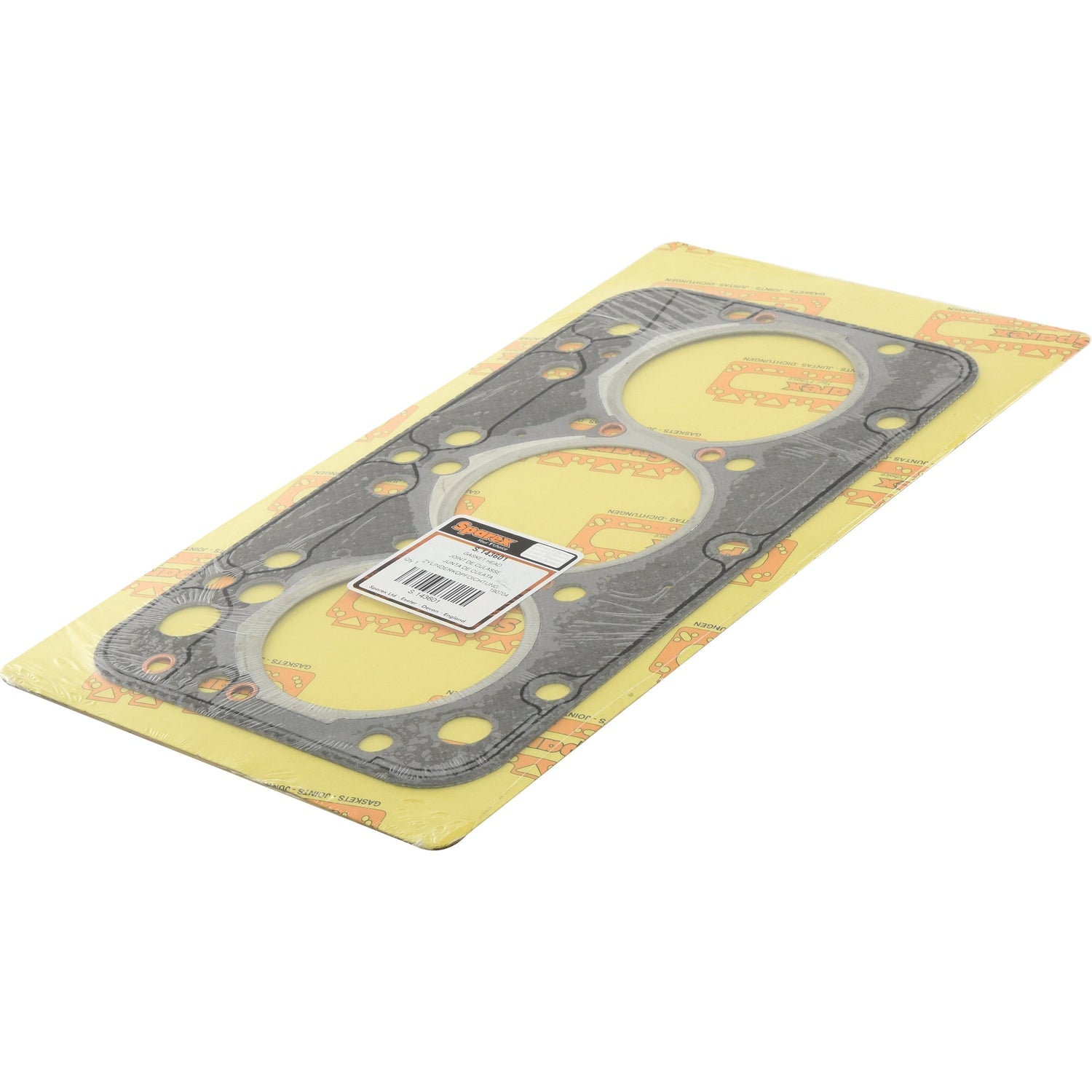 A packaged Head Gasket - 3 Cyl. (8035) for a Fiat 45-66 is placed on a yellow and orange Sparex-branded cardboard backing, with product number S.143601.