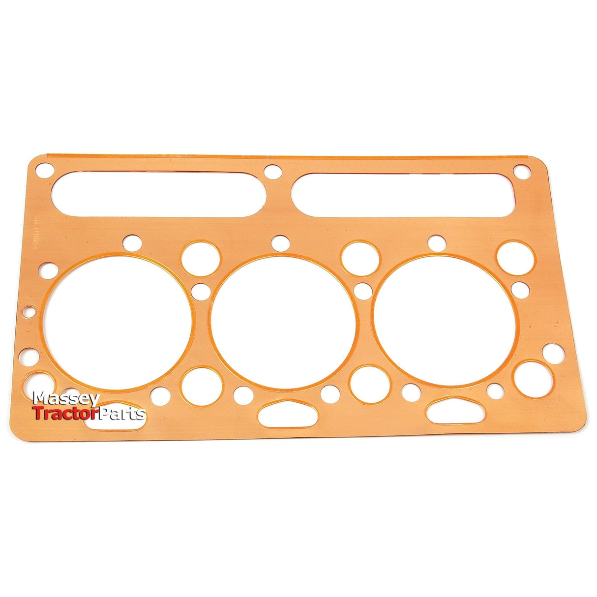 Copper-colored head gasket with multiple holes in various sizes. Text on the bottom left reads "Massey Tractor Parts." This Sparex Head Gasket - 3 Cyl. (AD3.152, 3.152, AT3.152) | Sparex Part No.S.40620 is designed for Perkins engine models, ensuring high performance and durability.