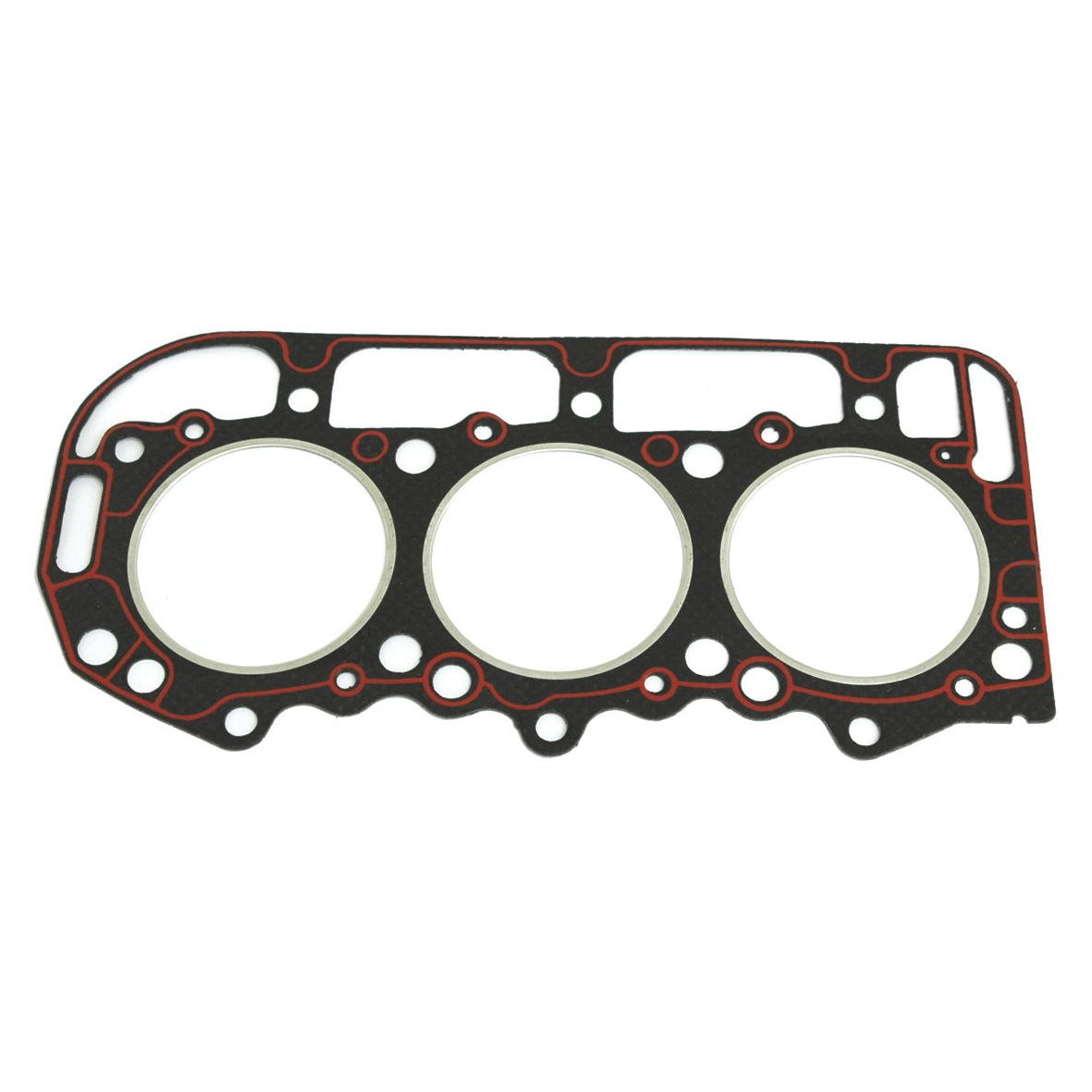 A Sparex head gasket (Sparex Part No. S.65302) featuring three circular openings and multiple bolt holes, marked with red outlines along its edges, ensuring optimal compatibility with your Ford engine models BSD326, BSD329, BSD332, BSD333, and 32D.