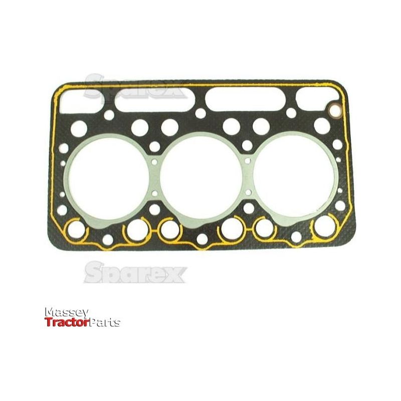 Introducing the Sparex Head Gasket (Part No. S.71921): a black and yellow gasket featuring multiple circular and oval openings, specifically designed for 3-cylinder Massey Ferguson tractor engines.