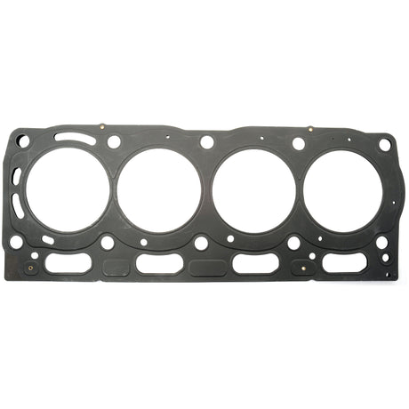 Image of a flat, rectangular metallic Sparex Head Gasket - 4 Cyl. (1104, 1104DE44T, 1104DE44TA, 1104D44) | Sparex Part No.S.43918 from Perkins Engine, featuring four circular openings and multiple perforations for bolts and fluid passages.