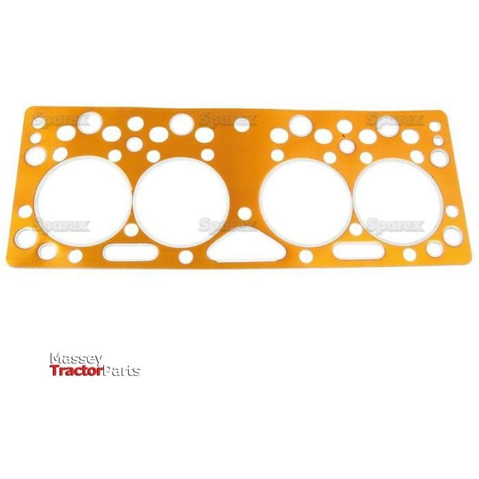 A yellow head gasket with multiple cutouts and holes, branded with Sparex text at the bottom left corner, designed specifically for Perkins Engine models in Massey Ferguson tractors. The product is known as the Head Gasket - 4 Cyl. (23C, F35) | Sparex Part No.S.40618.