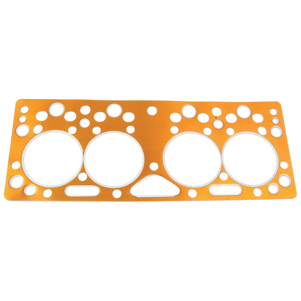 The Sparex Head Gasket - 4 Cyl. (23C, F35) | Part No. S.40618 is an orange metal gasket featuring several circular holes, specifically designed for Perkins engines and utilized in Massey Ferguson machinery to seal the space between the engine block and cylinder head.